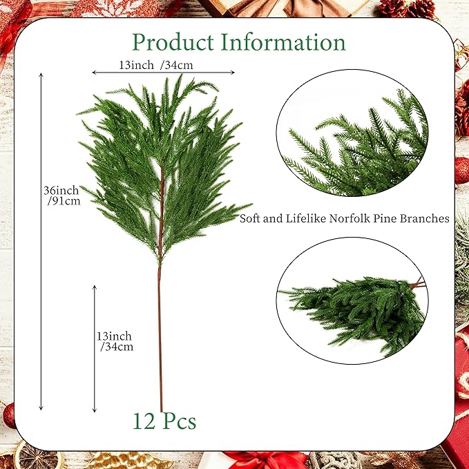 12Pcs Artificial Norfolk Pine Branches 36" Plastic Christmas Plants Decor Faux Greenery Stems Pine Picks Outdoor Faux Plants UV Resistant for Xmas Indoor, Front Porch Home Décor (12, 36inch)