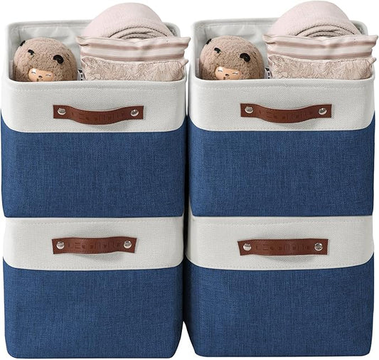 DECOMOMO Storage Bins Fabric Storage Baskets for Shelves, Linen Closet Organization Toys Nursery (Navy Blue and White, Large - 4 Pack)