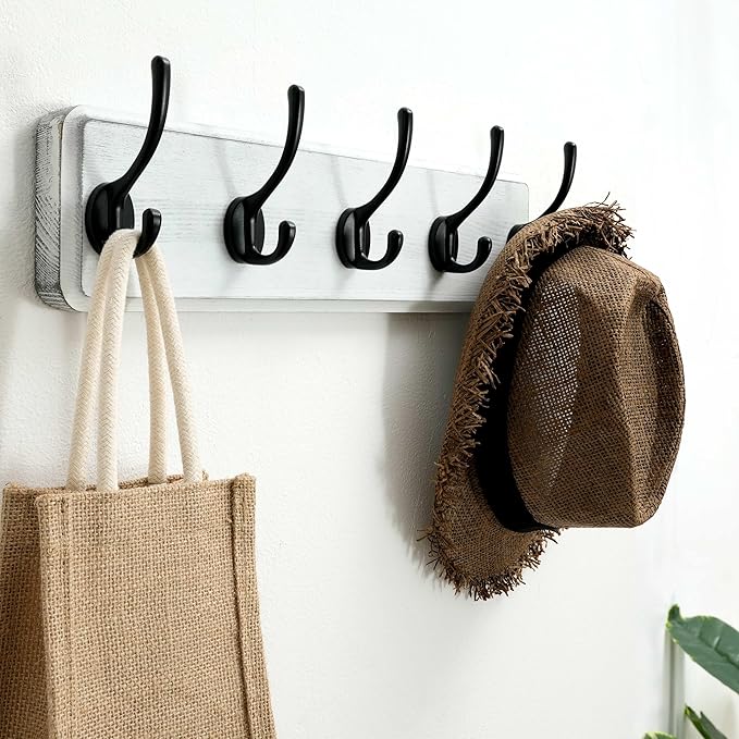 SKOLOO Rustic Wall Mounted Coat Rack, 16 inches Hole to Hole, Case of 2, Pine Solid Wood Coat Hook Hanger - 5 Hooks for Hanging Clothes Robes Towels Coats