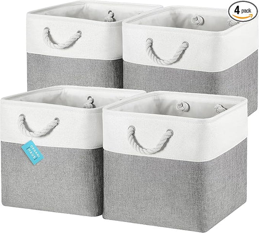 OrganiHaus 13x13 Cube Storage Bins 4 Pack, Foldable Cube Storage Organizer w/ Rope Handles, Collapsible Fabric Bins for Toys, Clothes & Closet Organization, Fabric Square Baskets - Gray/White