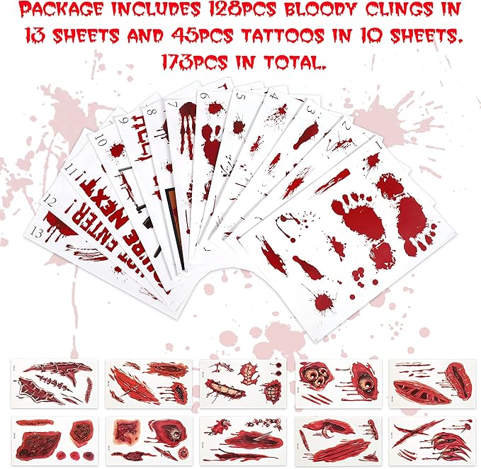 173PCS Halloween Bloody Footprints Floor Clings Plus Tattoos - Hallowmas Handprint Zombie Restroom Sign Decals Party Decorations