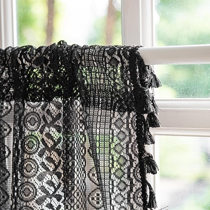 Sutuo Home Boho Valance Curtains for Kitchen Crochet Lace Sheer Bohemian Hollow Knitted with Tassels, Privacy Vintage Rustic Gothic Farmhouse Drapes, Rod Pocket 1 Panel 59" W x 18" L, Black