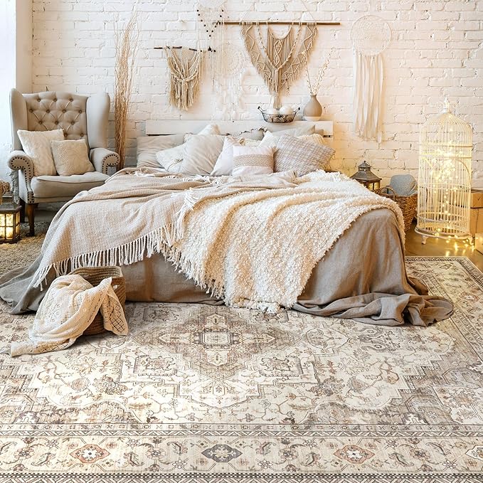 Washable Area Rugs for Living Room - 6x9 Neutral Vintage Distressed Floral Farmhouse Boho Large Soft Floor Rug Indoor Non Slip Carpet for Bedroom Dining Room Office - Brown/Multi