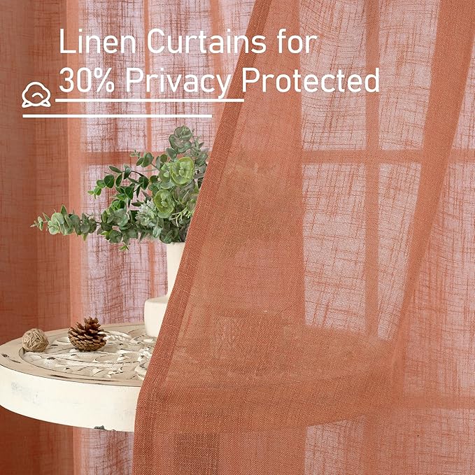LAMIT Semi Sheer Linen Curtains 45 Inch Length, Terracotta Light Filtering Fall Decor Short Window Curtains with Bronze Grommet for Bedroom/Farmhouse, 2 Panels Set, 52 x 45 Inch