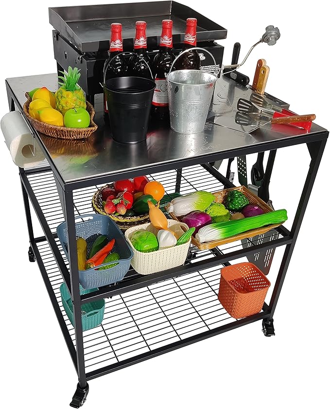 Stainless Steel 3-Tier Mobile Cart for Outdoor Grills & Pizza Ovens