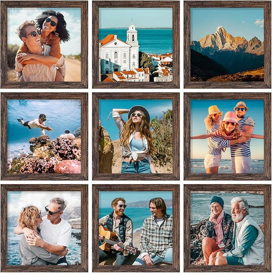 Vittanly 8x8 Picture Frames Set of 9, Shatter Resistant Plexiglass, Display 4x4 Pictures with Mat or 8x8 without Mat, Photo Frames for Wall Mount, Engineered Wood, Brown