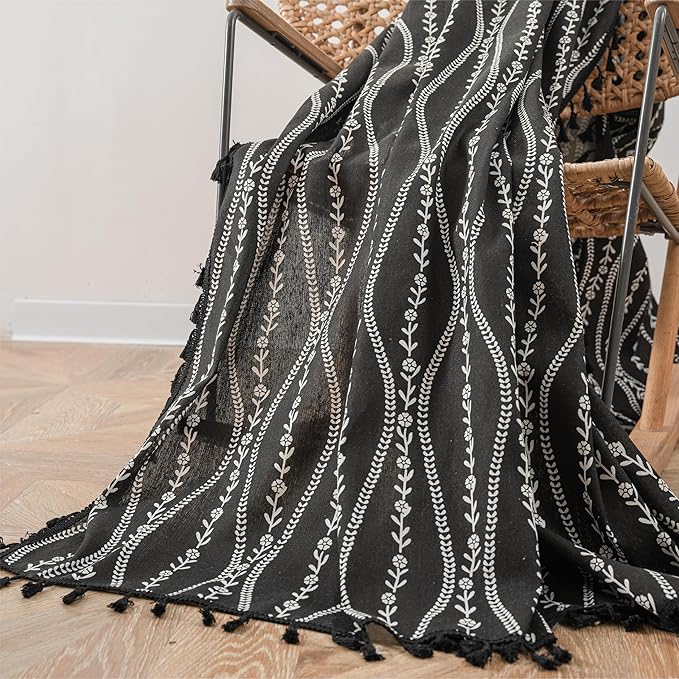 Sutuo Home Boho Curtains 84 Inches Long for Bedroom Living Room Nursery, Bohemian Vintage Tassels Window Treatment Drape for Halloween Decorations Rod Pocket, 1 Panel 59"W x 84"L,Black Stripe Floral