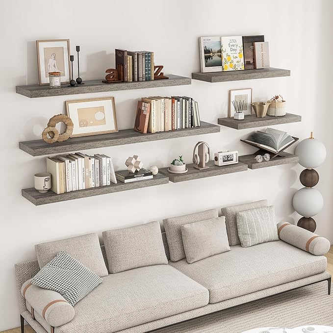 RICHFOCUS 16Inch Floating Shelves for Wall 2 Pack Shelves for Bedroom|Kitchen|Bathroom Wall Mounted Rustic Wood Floating Shelf with Invisible Brackets for Books|Storage|Decor, Grey