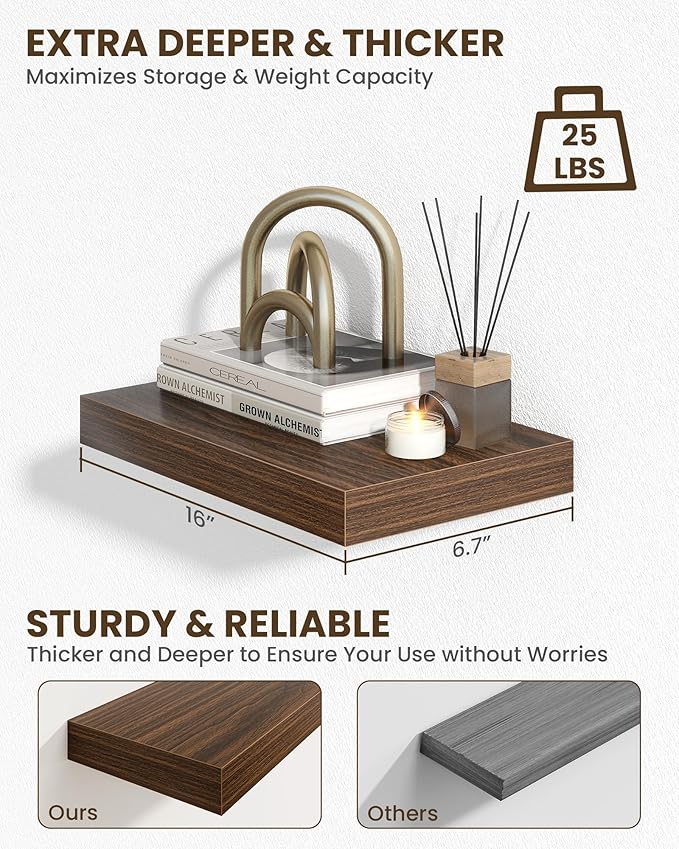 Marsmiles 16" Floating Shelves for Wall, Wooden Shelves with Invisible Brackets Set of 2, Rustic Farmhouse Wall Mounted Shelf for Kitchen Bathroom Living Room Study, Walnut