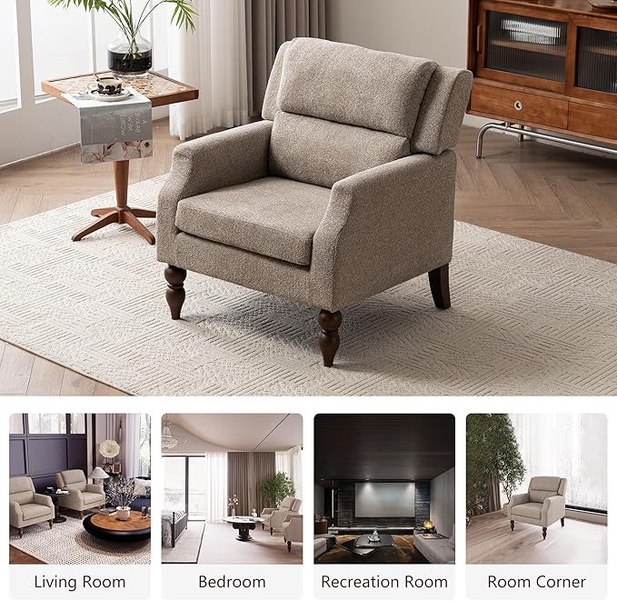 Kidol & Shellder Light Brown Oversized Accent Chair for Living Room Set of 2 Modern Reading Chair with Back Upholstered Comfy Single Sofa Chair for Bedroom Lounge Side Corner Boucle Fabric Armchair