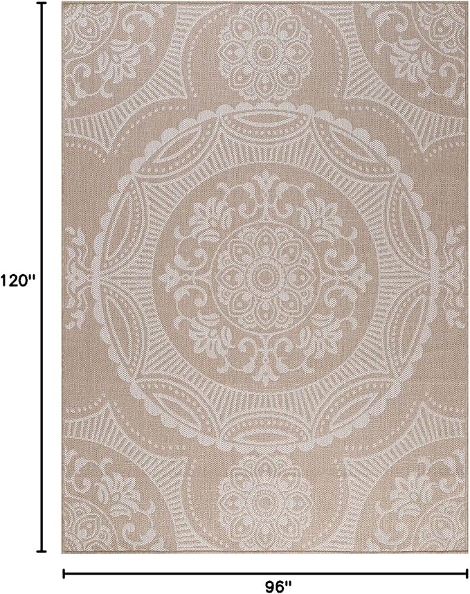 Medallion Outdoor Rug 8x10 Washable Outside Carpet for Indoor Patio Porch Waterproof Easy Cleaning Non Shedding Area Rugs Beige 8 x 10