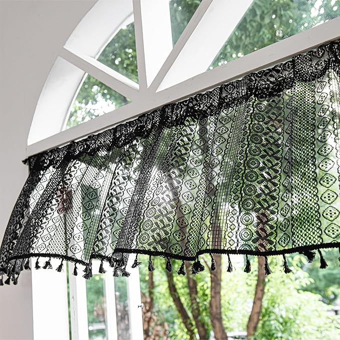 Sutuo Home Boho Valance Curtains for Kitchen Crochet Lace Sheer Bohemian Hollow Knitted with Tassels, Privacy Vintage Rustic Gothic Farmhouse Drapes, Rod Pocket 1 Panel 59" W x 18" L, Black