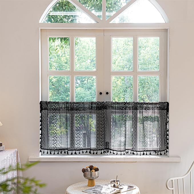 Sutuo Home Boho Valance Curtains for Kitchen Crochet Lace Sheer Bohemian Hollow Knitted with Tassels, Privacy Vintage Rustic Gothic Farmhouse Drapes, Rod Pocket 1 Panel 59" W x 18" L, Black