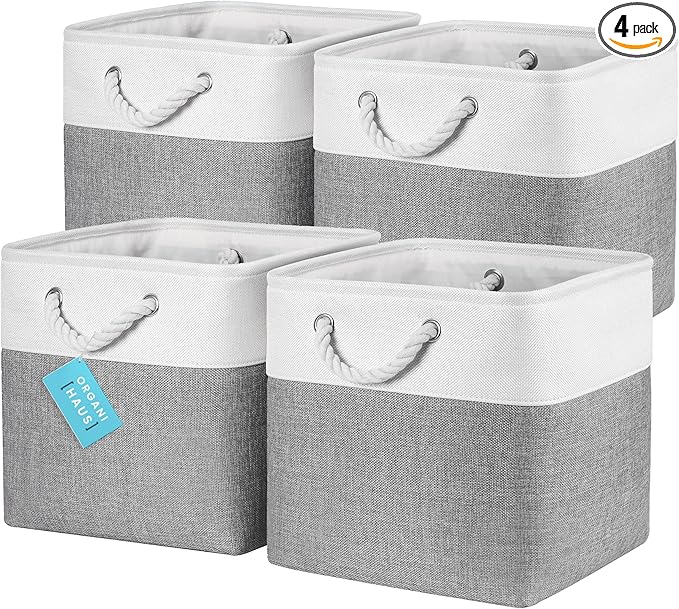 OrganiHaus 12x12 Cube Storage Bins 4 Pack, Foldable Cube Storage Organizer w/ Rope Handles, Collapsible Fabric Bins for Toys, Clothes & Closet Organization, Fabric Square Baskets - Gray/White