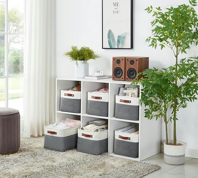 DECOMOMO Storage Bins Fabric Storage Baskets for Shelves, Linen Closet Organization Toys Nursery (Slate Grey and White, Large - 4 Pack)