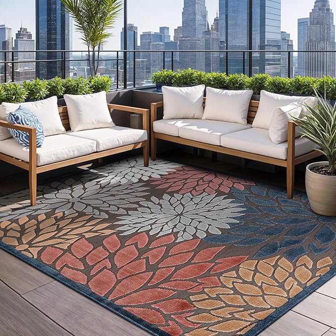 Beverly Rug Outdoor Rug 9x12 Large Modern Floral Tropical Area Rugs for Indoor and Outdoor Patio Easy to Clean Non Shedding Living Room Porch Garden Washable Outside Carpet (9 x 12 Brown)