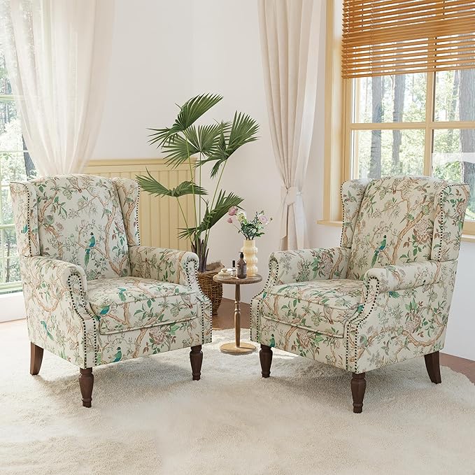Lumibee Wingback Accent Chair, 2 Set High Back Floral Armchairs in Fabric,Comfy Upholstered Reading Single Sofa Chairs with Solid Wood Legs for Living Room,Bedroom,Office-Bird
