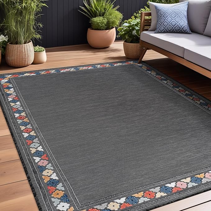 Beverly Rug Outdoor Rug 4x6 Modern Bordered Area Rugs for Indoor and Outdoor Patio Easy to Clean Non Shedding Living Room Porch Garden Washable Outside Carpet (4 x 6 Dark Gray)