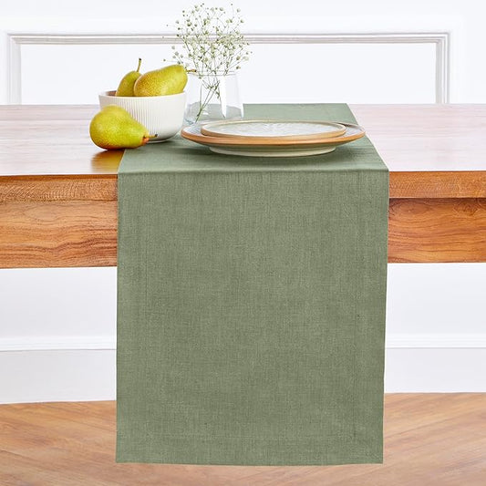 Solino Home Linen Oil Green Table Runner 72 Inches Long - 100% Pure Linen 14 x 72 Inch Table Runner for Fall, Autumn, Thanksgiving - Fete