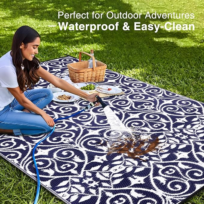 OLANLY Outdoor Rug Waterproof 8x10 ft Clearance, Reversible Outdoor Plastic Straw Rug with Floral Pattern, RV Mat for Patio, Camping, Balcony, Deck, Backyard, Navy & White