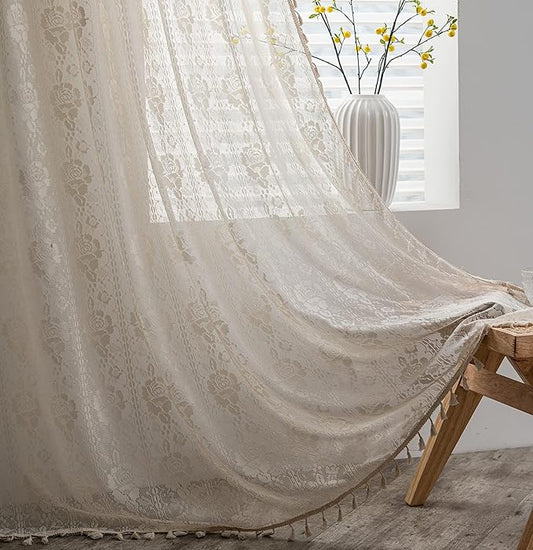 Sutuo Home Boho Sheer Curtains for Nursery Bedroom Kitchen,Bohemian Lace Curtains Crochet Florals Embroidery Handmade Knitted Tassels Vintage Chic Farmhouse Drape Rod Pocket 1 Panel 59" W x 72" L