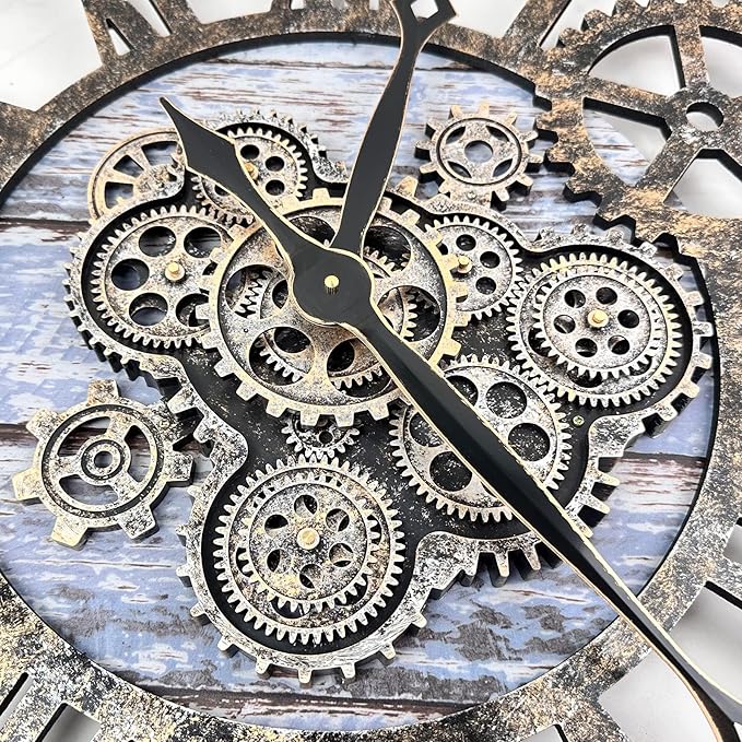 The B-Style Large Wall Clock 24 inch Moving Gear Wall Clock Oversized Vintage Farmhouse Wall Clocks for Living Room Decor Rustic Industrial Wood Clock (Aqua Green, 36 inch/90cm)
