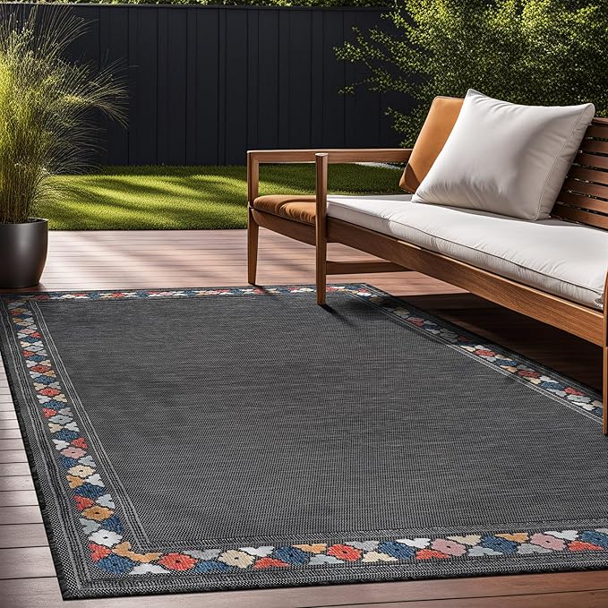 Beverly Rug Outdoor Rug 9x12 Modern Bordered Large Area Rugs for Indoor and Outdoor Patio Easy to Clean Non Shedding Living Room Porch Garden Washable Outside Carpet (9 x 12 Dark Gray)