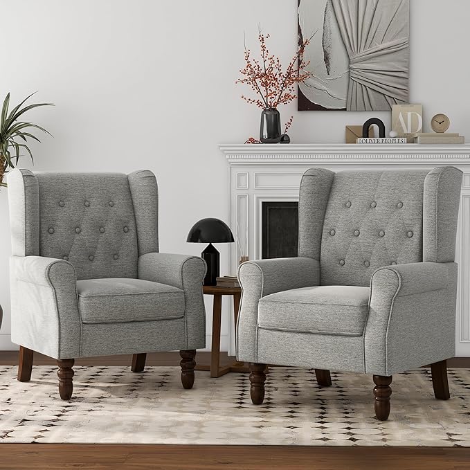 Lumibee High Back Accent Chair Set of 2,Upholstered Wingback Armchair with Solid Wood Legs for Small Spaces,Comfy Single Sofa Chair for Living Room,Bedroom,Office-Light Gray