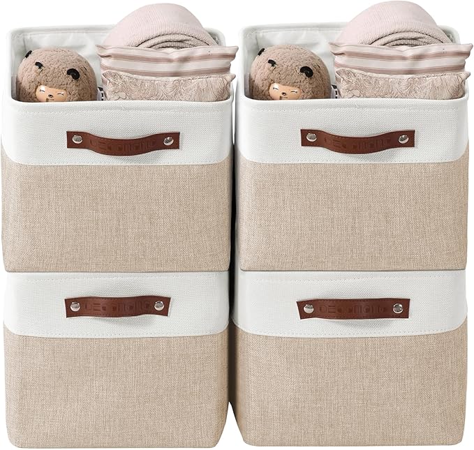DECOMOMO Storage Bins Fabric Storage Baskets for Shelves, Linen Closet Organization Toys Nursery (Beige and White, Large - 4 Pack)