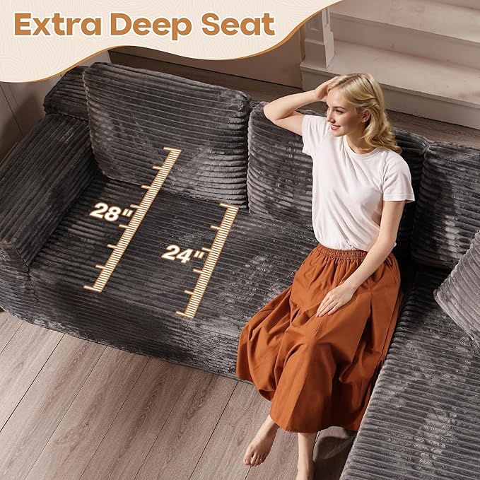 Cloud Sectional Couches for Living Room,U Shaped Modular Sofas No Assembly,135x79 Inches Plush Corduroy Oversized Floor Couch Set with Deep Seat Chaise,Grey