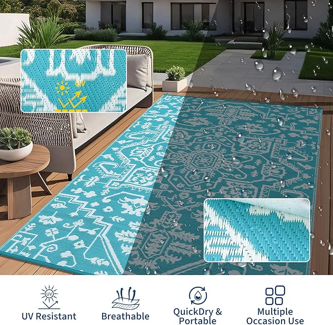 Waterproof Outdoor Rug 9x18 Reversible Plastic Straw Patio Rug, Stain-Resistant Vintage Medallion Carpet, Large Indoor Outdoor RV Mat for Deck, Camping, Balcony, Light Blue/White