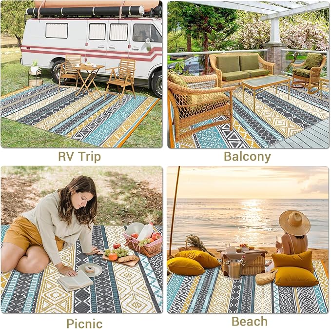 GAOMON Outdoor Plastic Straw Rug, 10'x20' Reversible Sage Green Patio Mat, Flower Modern Design for RV, Backyard, Deck, Camping, Picnic, Teal/Yellow(Bohemia)