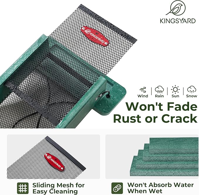 Kingsyard Metal Mesh Bird Feeder for Outdoors Hanging, Finch Feeder for Nyjer/Thistle, Sliding Mesh & Built-in Perch, Recycled Plastic, Green