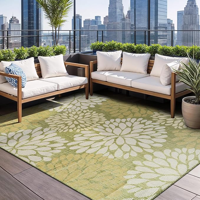 Beverly Rug Outdoor Rug 8x10 Modern Exotic Tropical Leaf Area Rugs for Indoor and Outdoor Patio Deck Porch Garden Water Resistant Washable Outside Carpet (8 x 10 Green)