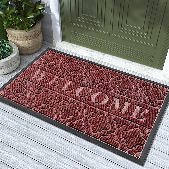 Yimobra Welcome Mat Outdoor Indoor, All-Season Waterproof Front Door Mat Outside Entrance, All-Weather Heavy Duty Non-Slip Doormat, Low Profile Porch Patio Entrance Mats, 36x24, Red