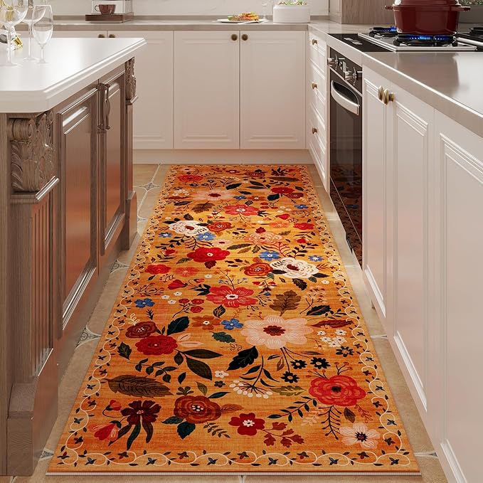 Runner Rug for Kitchen Rug Non Slip 2'x 6' Washable Rugs with Rubber Backing Soft Floral Carpet Runner for Hallways, Kitchen, Laundry, Bedroom, Bathroom(Yellow)
