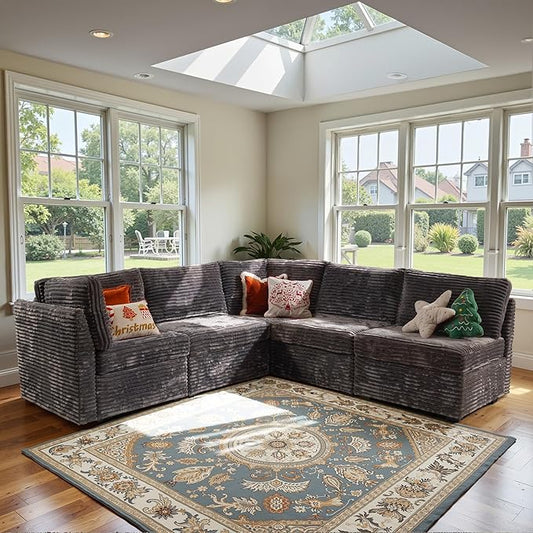 Modular Sectional Sofa with Chaise U Shaped Sectional Couch for Living Room, 5-Seater Comfy Cloud Couches, Plush Corduroy, Gray