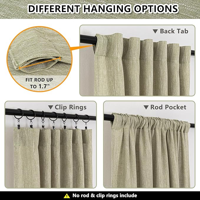 MYSKY HOME Sage Green Living Room Curtains 95 Inches Long Semi Sheer Drapes Light Filtering for Sliding Glass Door Window Treatments Soft Linen Look Country Farmhouse Style, 50" x 95", 2 Pieces