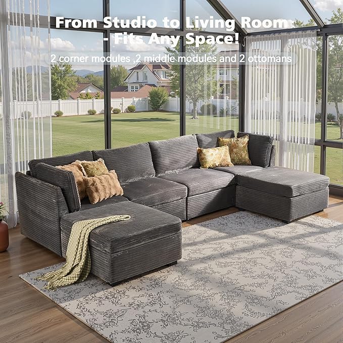 Modular Sectional Sofa, 130.7 Inch U Shaped Couch Set for Living Room, 4-Seater Comfy Cloud Couches with Two Movable Ottoman, Plush Corduroy, Gray