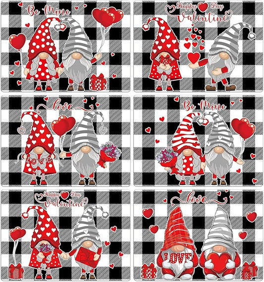 Valentine's Day Placemats Set of 6 Gnomes Plastic Table Mats Buffalo Plaid Place Mats Washable Vinyl Love Hearts Table Decoration for Anniversary Wedding Party Kitchen Dining Table