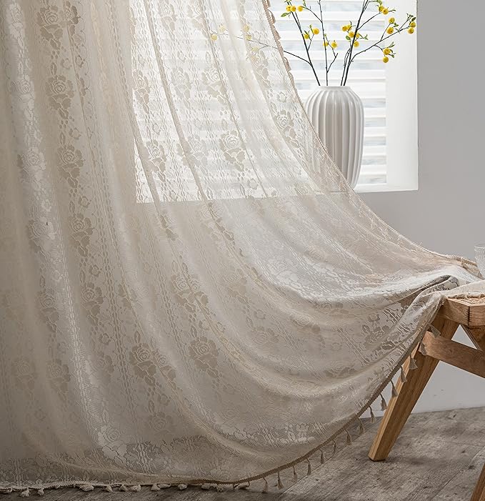 Sutuo Home Crochet Boho Curtains Rose Florals Embroidery, Sheer Lace Handmade Tassels Knitted Window Treatment Vintage Rustic Bohemian Farmhouse Drape for Bedroom Rod Pocket 1 Panel 59" W x 84" L