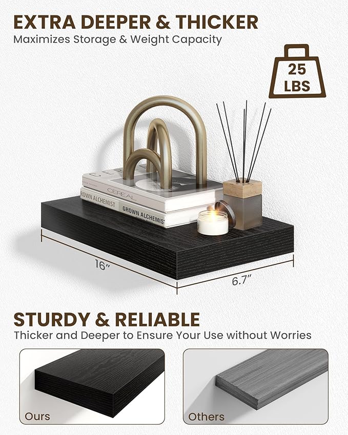 Marsmiles 16" Floating Shelves for Wall, Wooden Shelves with Invisible Brackets Set of 2, Rustic Farmhouse Wall Mounted Shelf for Kitchen Bathroom Living Room Study, Black