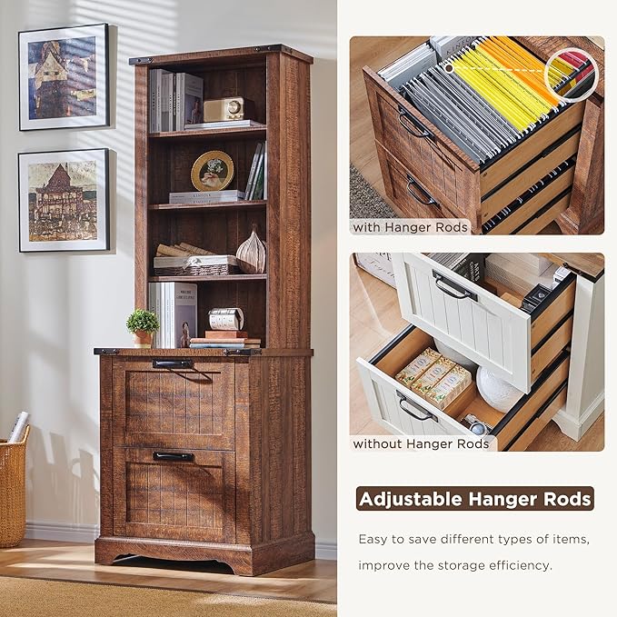 RedLemon Bookcase with 2 File Drawers, 72" Tall Farmhouse Bookshlef with Storage and Adjustable Shelves, 4 Tier Rustic Wood Bookshelf with Cabinet for Office, Living Room (Reclaimed Barnwood Color)