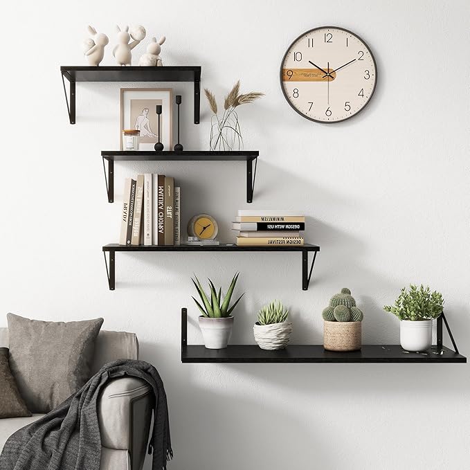Fun Memories 27.5" W x10 D Floating Shelves, Black Wall Shelf with Brackets, 10 Inch Deep Floating Shelf Set of 2, Large Storage Kitchen Living Room Bathroom Shelves, Wood Wall Mounted Shelf