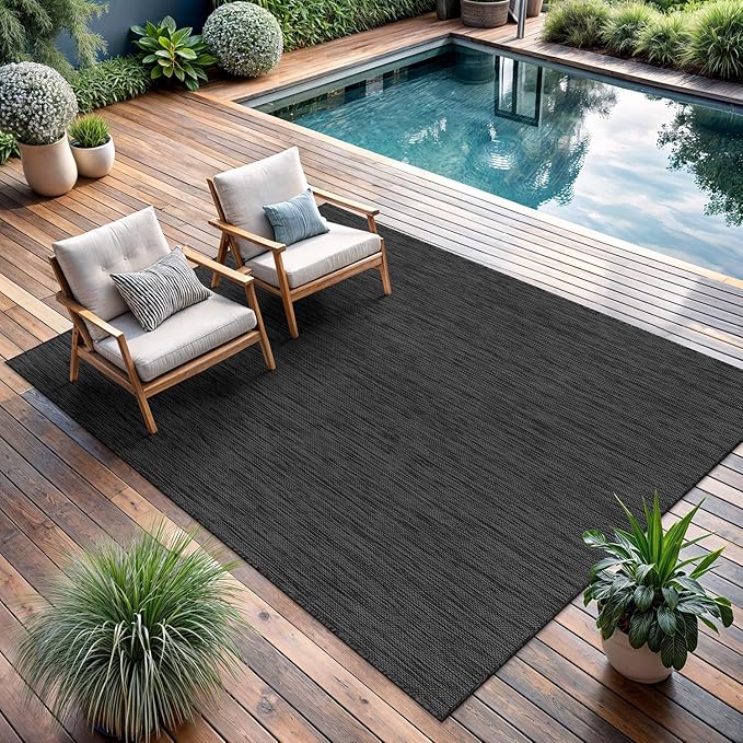 CAMILSON Outdoor Rug 9x12 Modern Area Rugs for Large Indoor and Outdoor Patios and Porches - Waterproof, Washable, Non-Shedding, Easy-to-Clean Outside Carpet (9 x 12, Solid - Dark Gray)