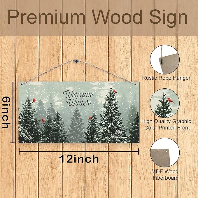 Welcome Winter Hanging Wooden Signs 12x6, Pine Tree Decor, Winter Door Decorations, Winter Door Sign, Snowflake Pine Trees Birds Home Room Office Hanging Wall Decor