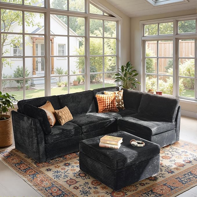 Modular Sectional Sofa, 130.7" L Shaped Couch Set for Living Room, 4-Seater Comfy Cloud Couches with Movable Ottoman, DIY Combination, Plush Corduroy, Black