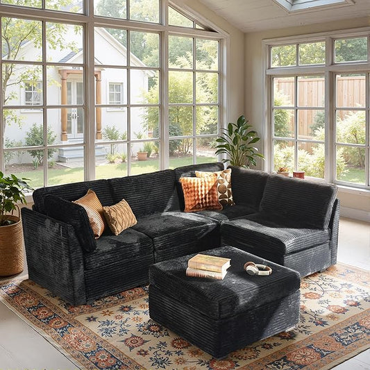 Modular Sectional Sofa, 130.7" L Shaped Couch Set for Living Room, 4-Seater Comfy Cloud Couches with Movable Ottoman, DIY Combination, Plush Corduroy, Black