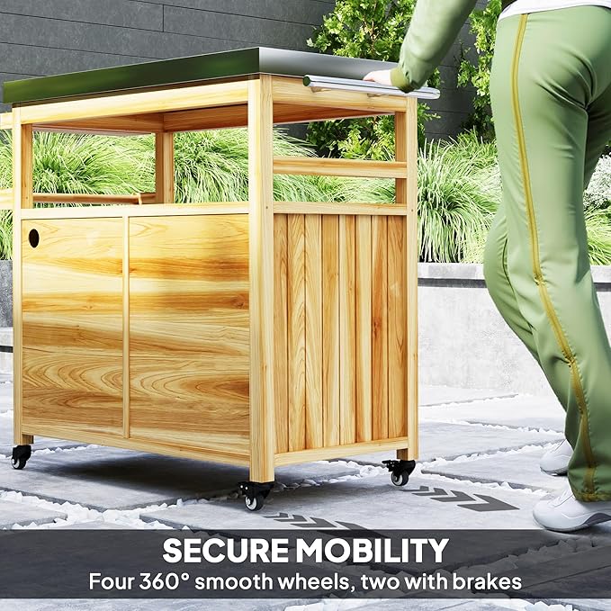 Outsunny Outdoor Grill Cart with Wheels and Storage, Solid Wood Outdoor Kitchen Island with Stainless Steel Top, Movable Bar Cart with Spice Rack, Side Handle, Integrated Hole for BBQ, Natural Wood