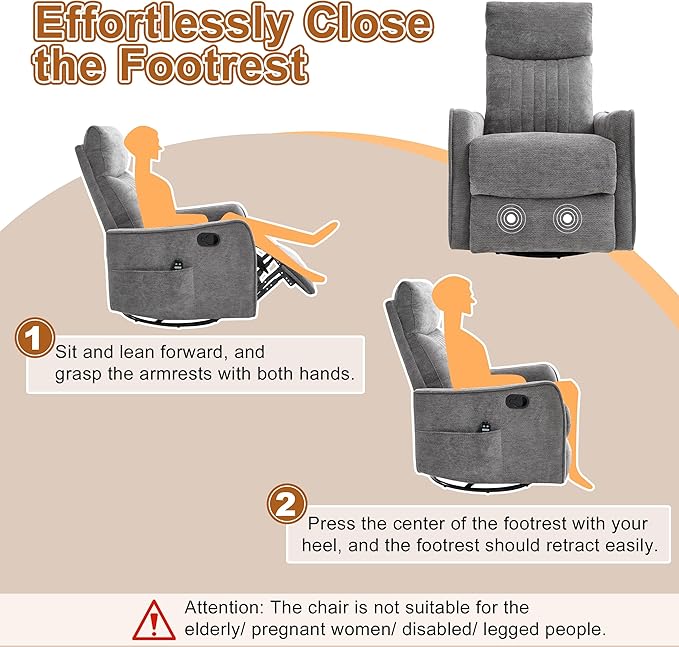 Manual Swivel Rocker Recliner Chair for Adults, Overstuffed Reclining Glider Chair for Nursing with Vibration Massage & Heat, Living Room Rocking Recliner 2-Stage backrest, Chenille Fabric Dark Gray